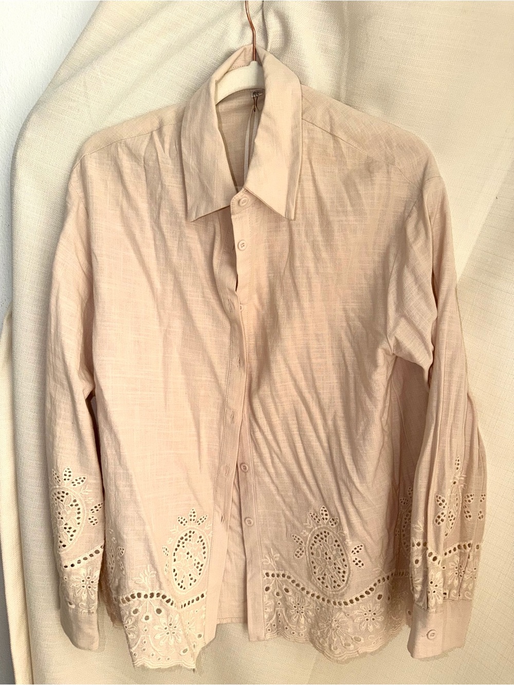 Italian Linen Embroidered Button-Up Shirt - Light Beige - “One Size” (S-L)